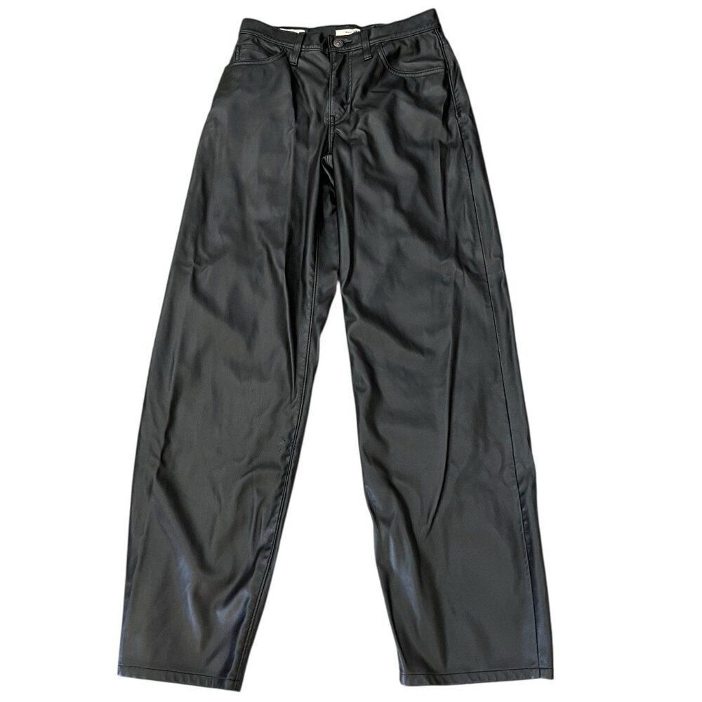 Levis Womens 24 Faux Leather Black Baggy Pants Goth Mid Rise Loose